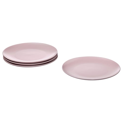 A set of four pink FÄRGKLAR stoneware plates, round and uniformly simple in design.