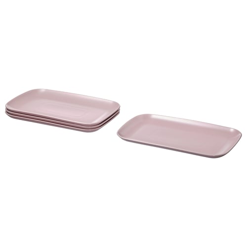 Four pink FÄRGKLAR stoneware plates, two stacked and two separate, rectangular shape, simple design.