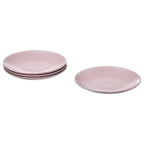 Four pink FÄRGKLAR stoneware plates stacked neatly, two larger and two smaller, solid colour, smooth edges, simple design.