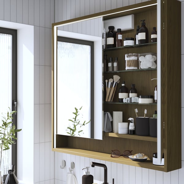 FAXÄLVEN Mirror cabinet w built-in lighting, brown oak effect, 100x15x95 cm