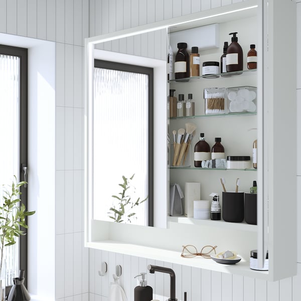 FAXÄLVEN Mirror cabinet w built-in lighting, white, 100x15x95 cm