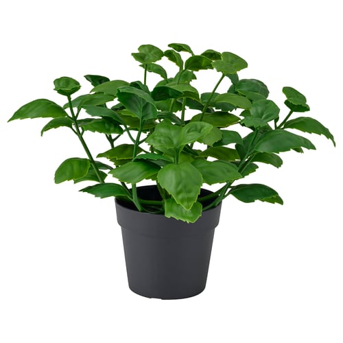 Dark grey potted artificial green plant, modern design, recycled plastic materials.