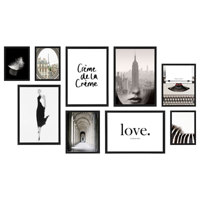 Black & white wall art set: 9 framed cityscapes, designs, quotes on white background.