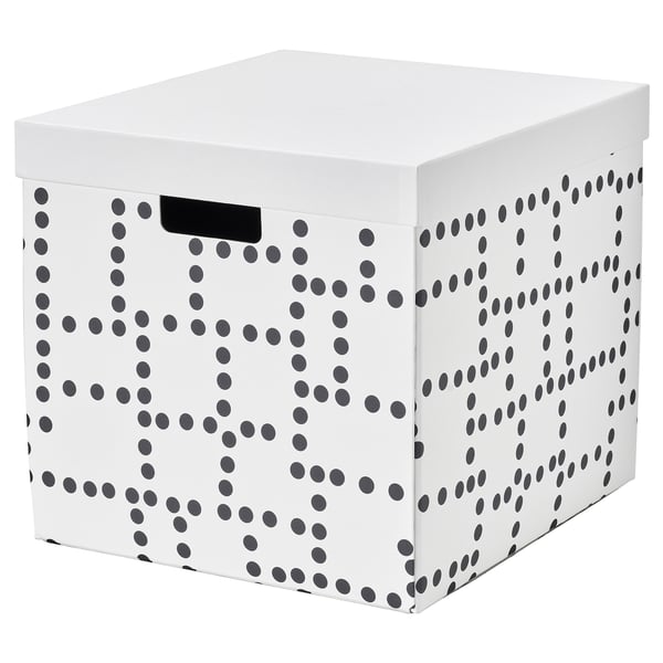 FJÄDERHARV Storage box with lid, white/dotted, 32x35x31 cm