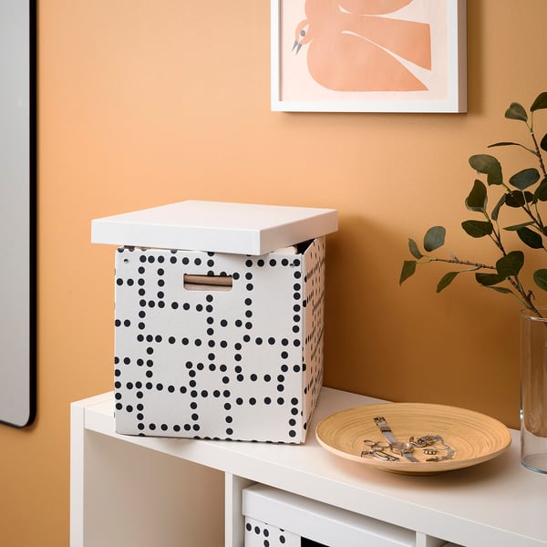 FJÄDERHARV Storage box with lid, white/dotted, 32x35x31 cm