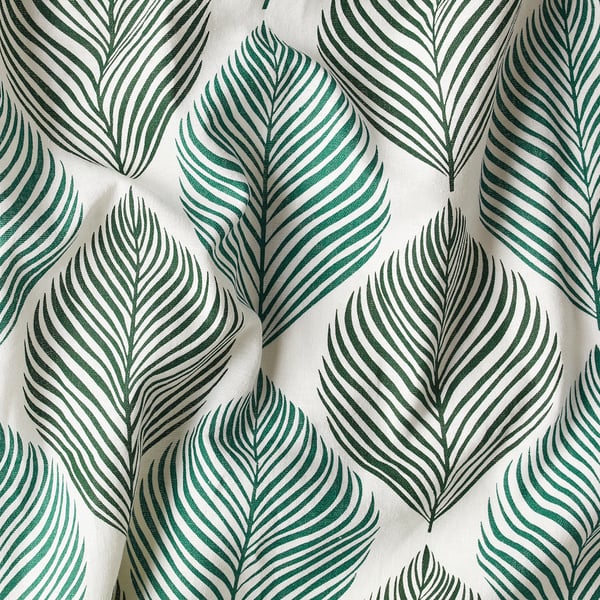 Green and white striped leaves pattern, tightly woven, textured linen fabric, daylight filtering, privacy ensuring.