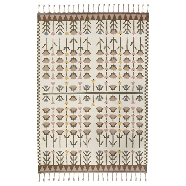 FODERLOSTA rug, beige with pastel flowers, wool & linen, rectangular, handwoven.