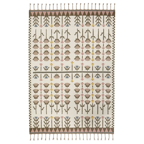 FODERLOSTA rug, beige with pastel flowers, wool & linen, rectangular, handwoven.
