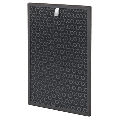Black air philtre with honeycomb pattern, dark grey frame. Activated carbon & polypropylene, purifies gas & odour.