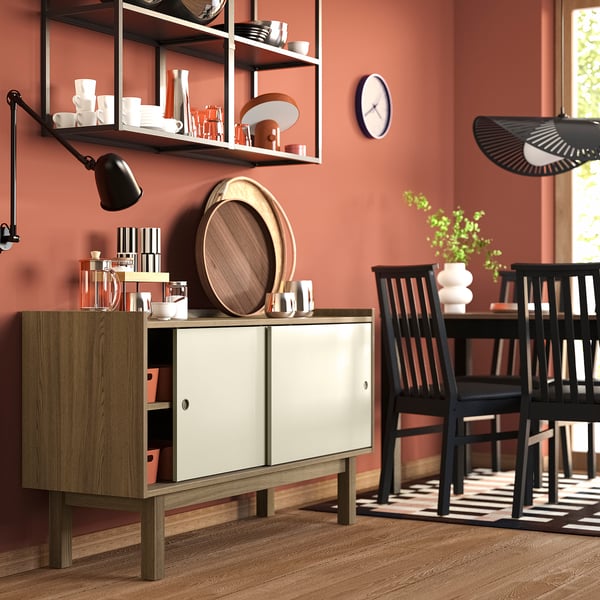 FÖRSÄLJARE Sideboard, dark beige wood/light beige, 140x46x78 cm