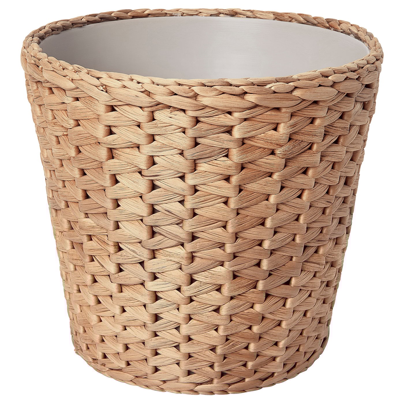 Handwoven cylindrical basket, natural beige, water hyacinth, intricate lattice design, inner liner.