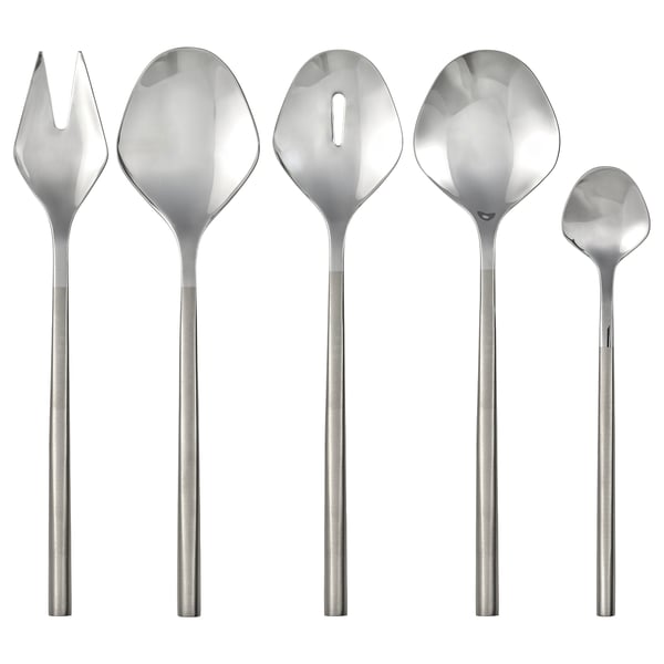 Five stainless-steel serving utensils: fork, two spoons, and two serving ladles, sleek and modern design. Part of the FRÖJDA collection.