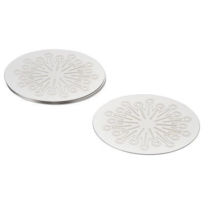 Silver FRÖJDA coasters with firework design, stainless steel, triangular setup.