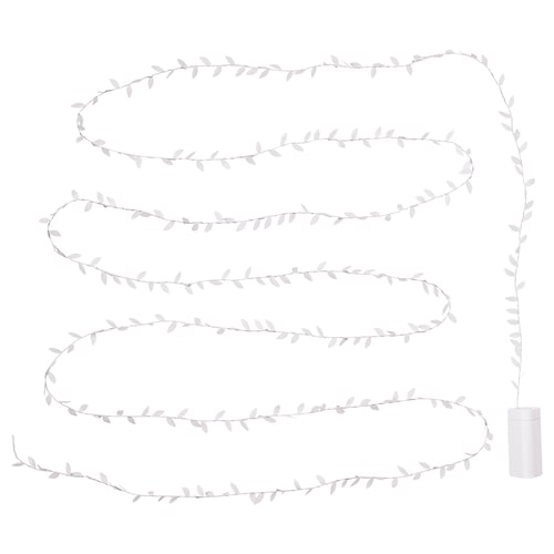 A decorative white led light garland with leaves, powered by a small battery box. The garland lights up, creating a cosy atmosphere.