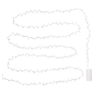 A decorative white led light garland with leaves, powered by a small battery box. The garland lights up, creating a cosy atmosphere.
