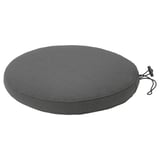 Round grey cushion with tie, zip closure. Outdoor use, sustainable fabric.
