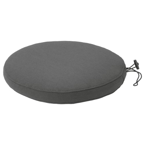 Round grey cushion with tie, zip closure. Outdoor use, sustainable fabric.
