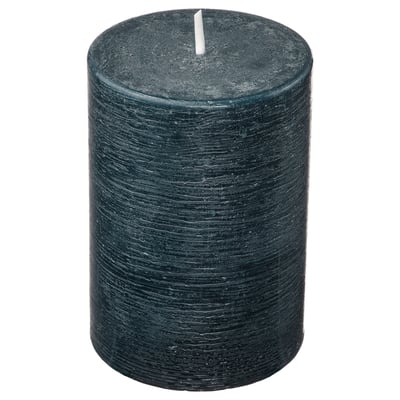 Dark green cylindrical scented candle with textured surface standing upright. Made from plant-based and paraffin wax.
