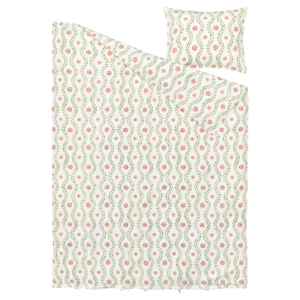 FYRISVIDE duvet set, white with red/green floral pattern, 100% cotton, rectangular shape, vintage-inspired design.