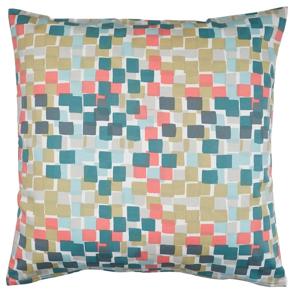 GAFFELBRÄKEN pillow, multicoloured, square, cotton with recycled material, colourful blocks pattern.