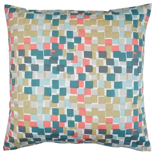 GAFFELBRÄKEN pillow, multicoloured, square, cotton with recycled material, colourful blocks pattern.