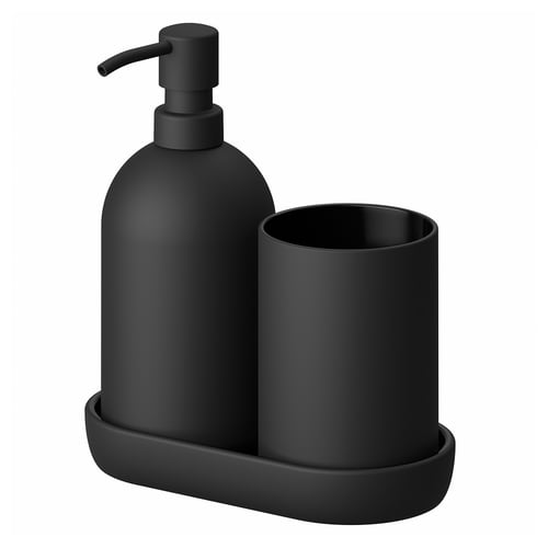 Ikea GANSJÖN soap dispenser, black, matte glass, round shape, with tray.