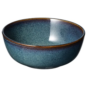 GLADELIG bowl, ocean-blue with gold rim, round shape, stoneware material, unique reactive glaze design.