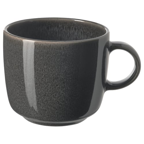 A sleek, dark grey GLADELIG mug with a smooth, curved handle and glossy finish. Made of stoneware, it a simple, elegant design.