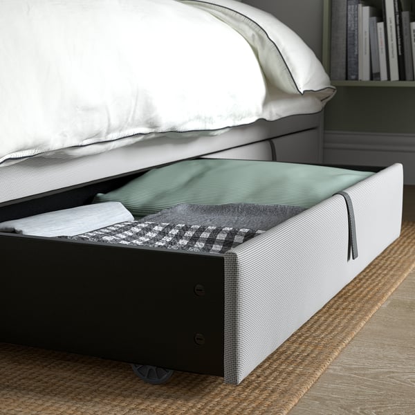 GLADSTAD Upholstered bed, 4 storage boxes, Kabusa light grey, 140x200 cm