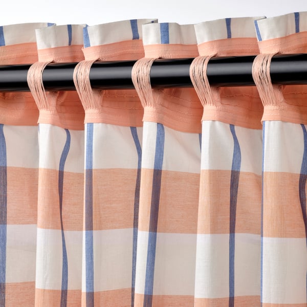 Striped curtains with plaid pattern, rod pocket, provide privacy.