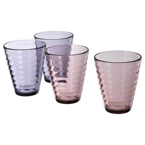 Four purple, diamond-patterned tempered glass cups, neatly arranged in a row, showcasing a stylish and coloured table setting.