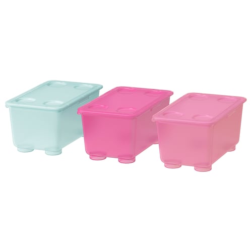 Three colourful plastic storage boxes: two pink, one blue. Stackable with lids. Perfect for organising small items.