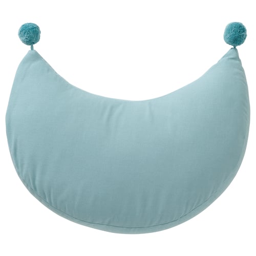 Half-moon blue cushion with soft cotton, two playful pom-poms, ideal for sofa or bed.