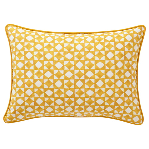 GOKVÄLLÅ: yellow geometric cushion cover with white mosaic pattern, golden piping, soft cotton, and rectangular shape.