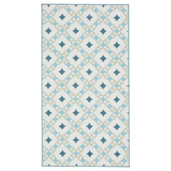 Gokvålå rug: blue geometric print on cream, rectangular, soft, polypropylene & polyester.