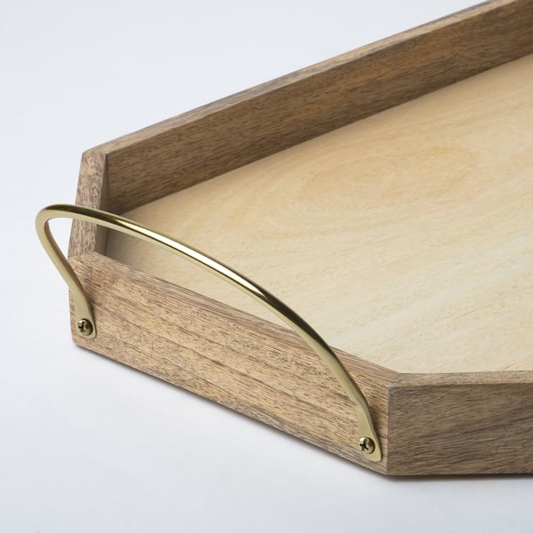 Wooden tray with gold handles; sturdy, stylish, high edges for secure transport.
