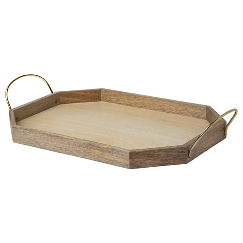 Octagonal wooden serving tray with metal handles. Elegant, light brown, style.