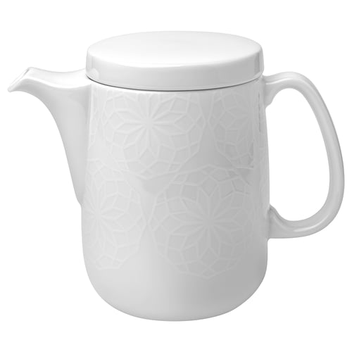 A white GOKVÄLLÅ teapot with a geometric embossed pattern. Made of feldspar porcelain, it has a classic round shape with a handle and spout.
