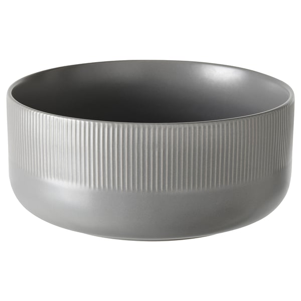 Grey GRADVIS stoneware bowl with vertical grooves, round shape.