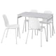 White GRÅSALA dining set with rectangular table and four chairs. Modern, space-saving design with metal table frame and plastic chairs.