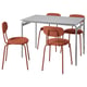 Modern dining set with grey rectangular table and four terracotta-colored chairs, sleek metal legs, comfortable cushioned seats.