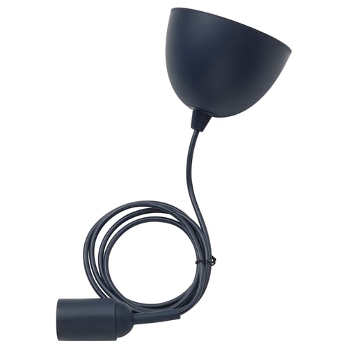 Black pendant lamp with coiled cord and ceiling cup, modern minimalist design.