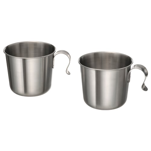 Two stainless steel mugs with curved handles, designed for durability and practical use. Ideal for outdoor activities.