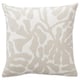 Square throw pillow with beige-white abstract leaf pattern, made from recycled polyester.