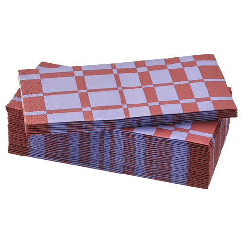 Stack of sun-kissed orange and purple chequered napkins, three-ply paper, folded rectangle.