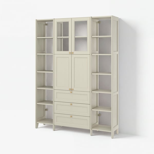 GULDDRAGARE Storage combination, beige/clear glass with 3 drawers, 162x37x216 cm
