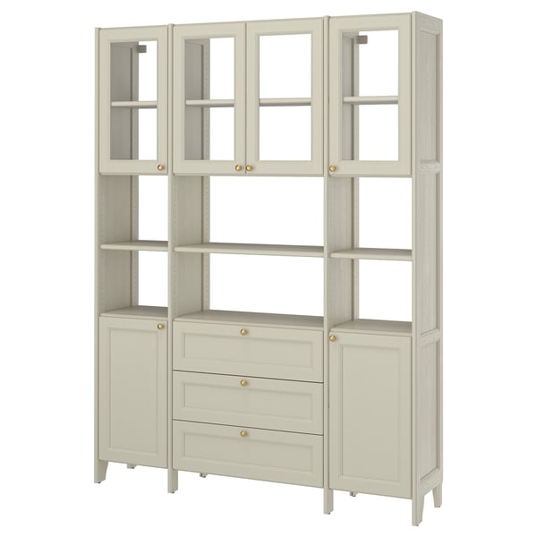 GULDDRAGARE Storage combination, beige clear glass/with doors and shelves with 3 drawers, 162x37x216 cm