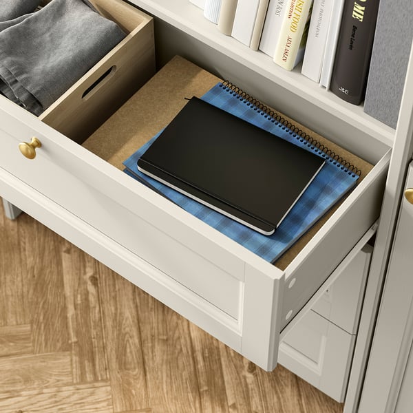 GULDDRAGARE Storage combination, beige clear glass/with doors and shelves with 3 drawers, 162x37x216 cm