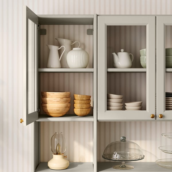 GULDDRAGARE Storage combination, beige clear glass/with doors and shelves with 3 drawers, 162x37x216 cm