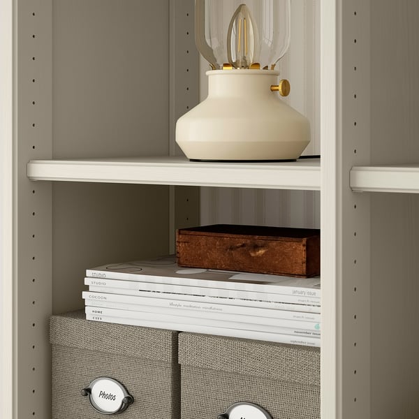GULDDRAGARE Storage combination, beige clear glass/with doors and shelves with 3 drawers, 162x37x216 cm